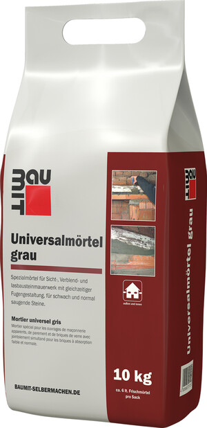 Der Baumit Univeralmörtel grau ist im 10 kg-Foliensack erhältlich.