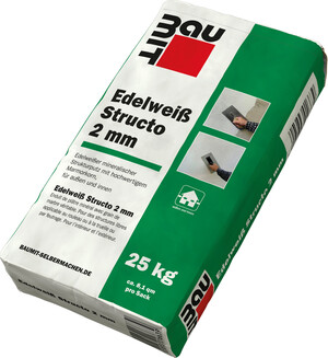 Der Baumit Edelputz Edelweiss Structo mit 2 mm Körnung ist im 25 kg Sack erhältlich.