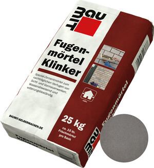 Der Fugenmörtel Klinker ist im Farbton Dunkelgrau "Basalt" im 25 kg Sack erhältlich.