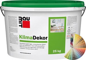 Der Baumit KlimaDekor mit 1 mm Körnung ist im 25 kg Eimer in Pastelltönen erhältlich.