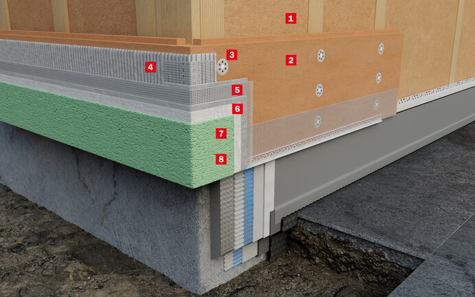 Die Aufbaugrafik zeigt den Schichtaufbau des vorgehängten, nicht hinterlüfteten Dämmsystem mit Holzweichfaserplatten Nut und Feder.